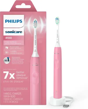 Philips Sonicare 4100 Rechargeable Electric Toothbrush, with Pressure Sensor, 2 Intensity Settings, SmarTimer and QuadPacer, 14-Day Battery Life, Deep Pink, Model HX3681/26