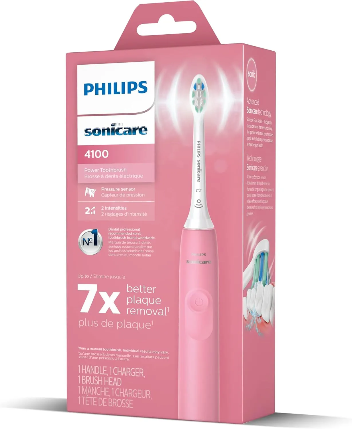 Philips Sonicare 4100 Rechargeable Electric Toothbrush, with Pressure Sensor, 2 Intensity Settings, SmarTimer and QuadPacer, 14-Day Battery Life, Deep Pink, Model HX3681/26