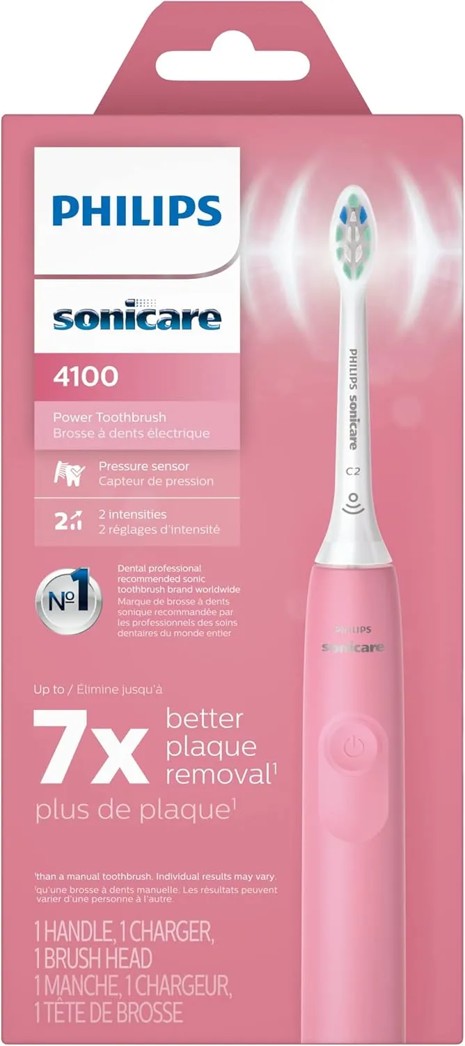 Philips Sonicare 4100 Rechargeable Electric Toothbrush, with Pressure Sensor, 2 Intensity Settings, SmarTimer and QuadPacer, 14-Day Battery Life, Deep Pink, Model HX3681/26