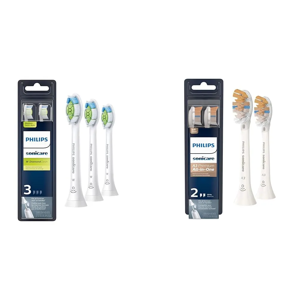 Philips Sonicare Genuine W DiamondClean Replacement Toothbrush Heads, 3 Brush Heads, White, HX6063/65 & Genuine A3 Premium All-in-One Replacement Toothbrush Heads, 2 Brush Heads, White, HX9092/65