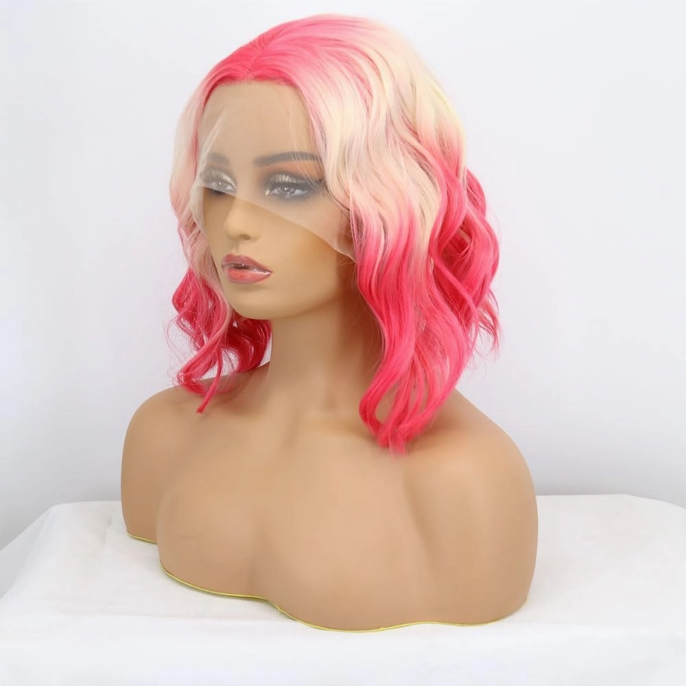 Pink Ombre Blonde Synthetic Lace Front Curly Wig Short Ombre Pink/Blonde Bob Wigs Heat Resistant Fiber Hair Wigs Cosplay Wigs14 …
