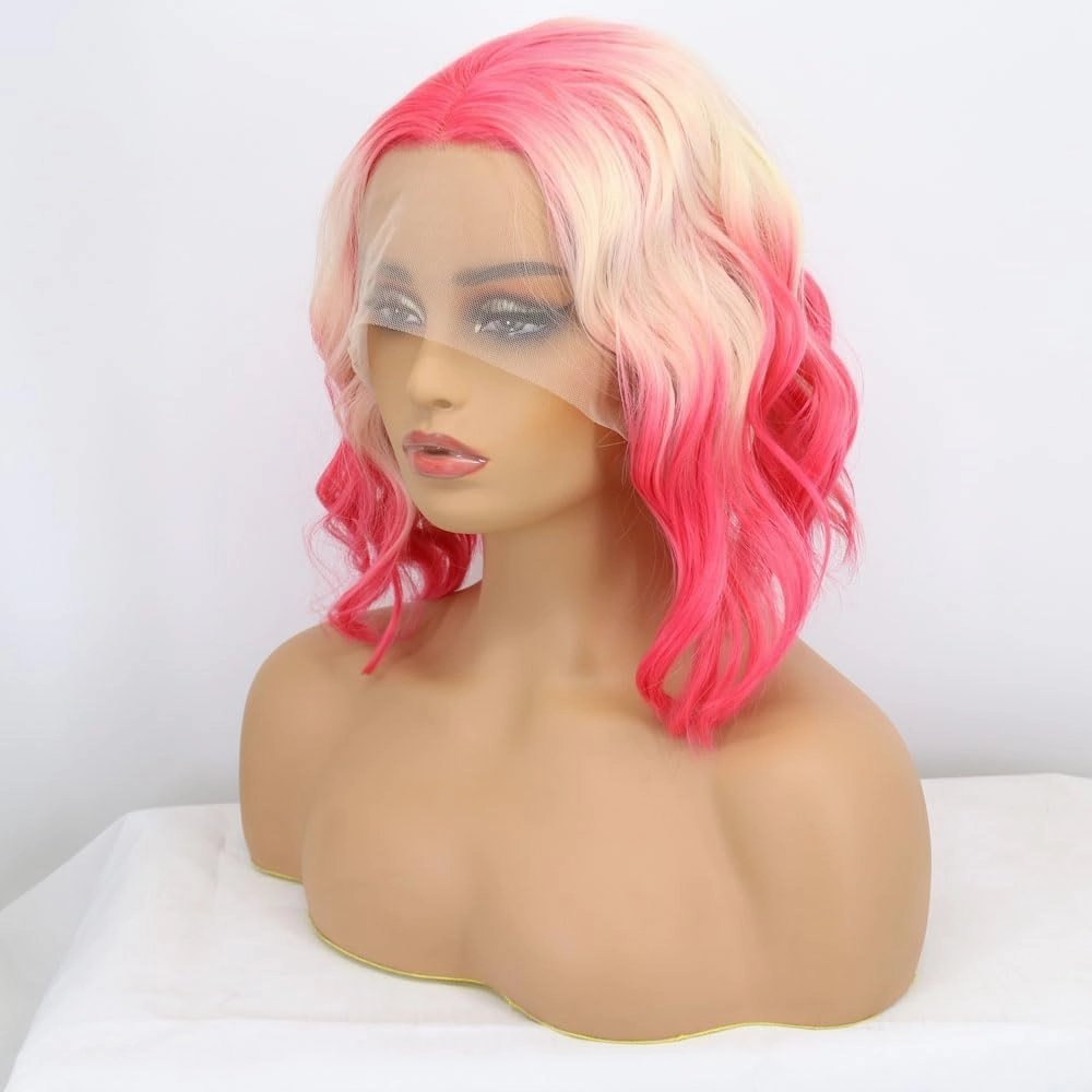 Pink Ombre Blonde Synthetic Lace Front Curly Wig Short Ombre Pink/Blonde Bob Wigs Heat Resistant Fiber Hair Wigs Cosplay Wigs14 …