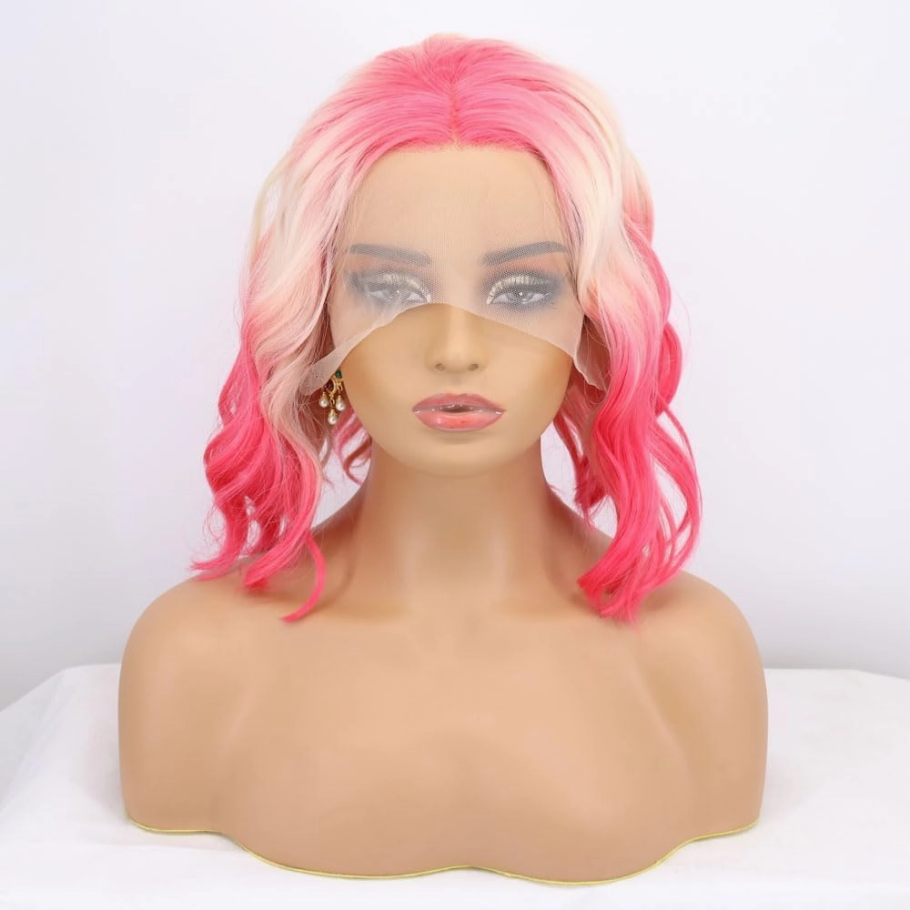 Pink Ombre Blonde Synthetic Lace Front Curly Wig Short Ombre Pink/Blonde Bob Wigs Heat Resistant Fiber Hair Wigs Cosplay Wigs14 …