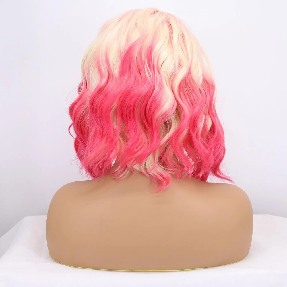 Pink Ombre Blonde Synthetic Lace Front Curly Wig Short Ombre Pink/Blonde Bob Wigs Heat Resistant Fiber Hair Wigs Cosplay Wigs14 …