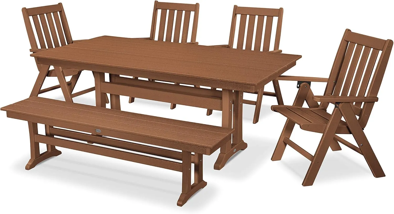 Polywood Vineyard 6-Piece Farmhouse Folding Dining Set with Bench (Teak)