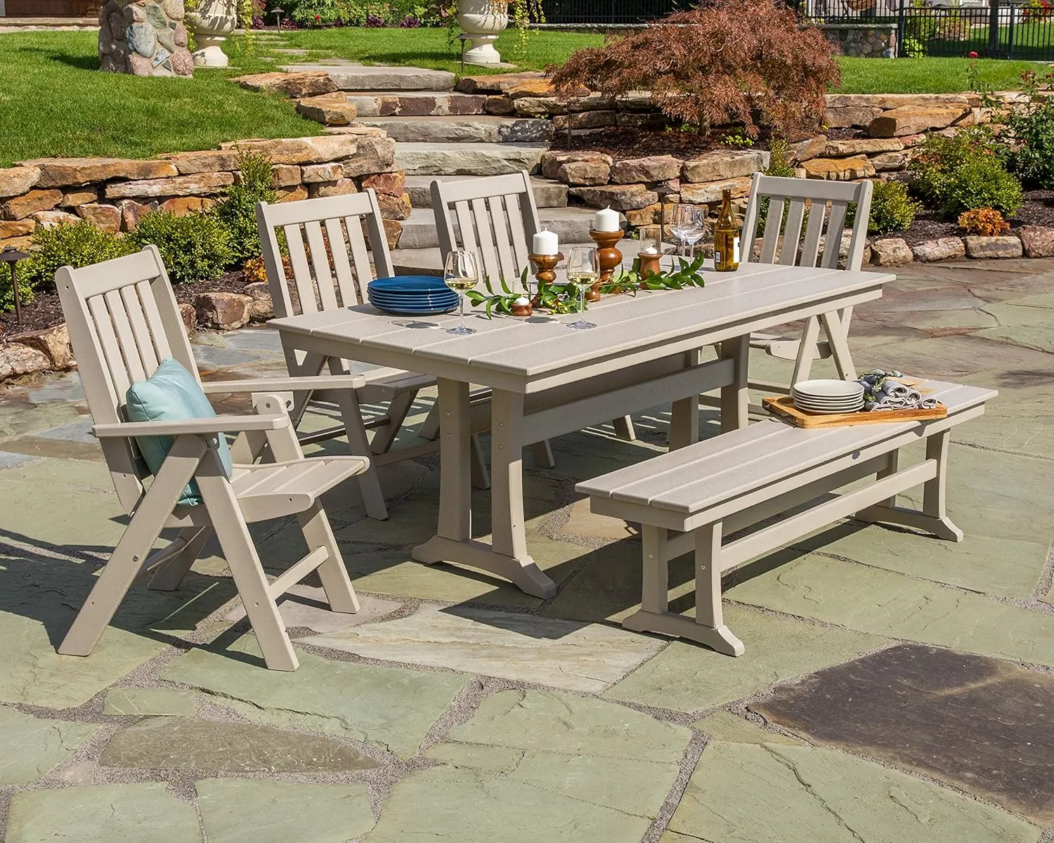 Polywood Vineyard 6-Piece Farmhouse Folding Dining Set with Bench (Teak)