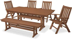 Polywood Vineyard 6-Piece Farmhouse Folding Dining Set with Bench (Teak)