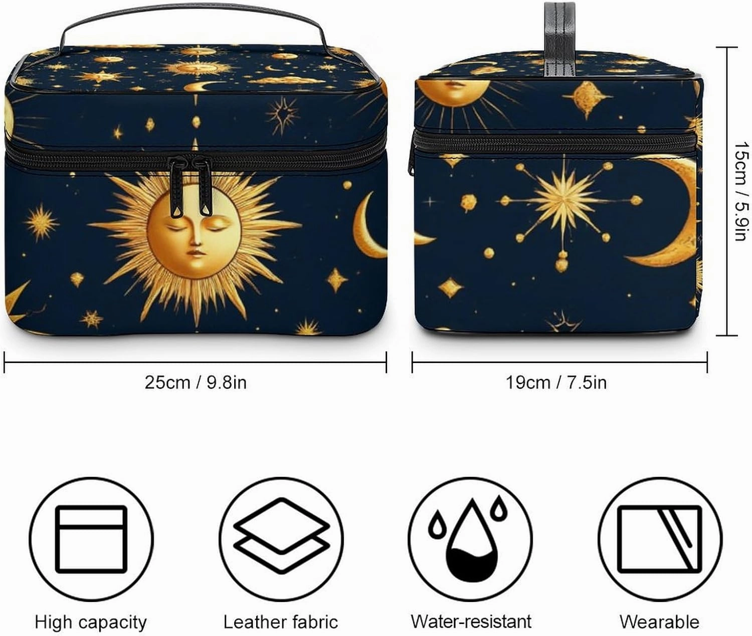 Portable Travel Makeup Bag for Women, Waterproof Toiletry Pouch Sun Moon Boho Astrology Cosmetic Organizer Storage Case with Handle