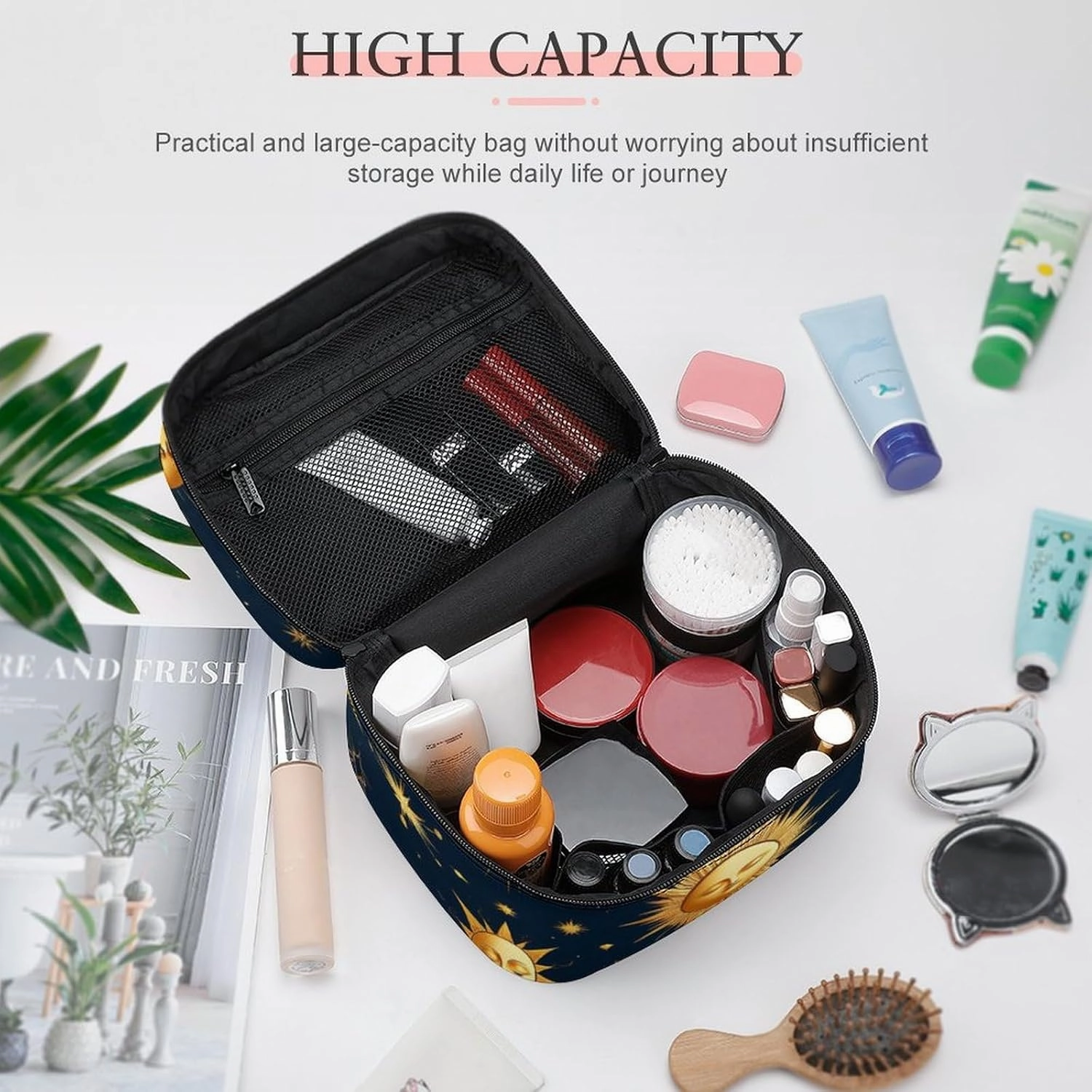 Portable Travel Makeup Bag for Women, Waterproof Toiletry Pouch Sun Moon Boho Astrology Cosmetic Organizer Storage Case with Handle