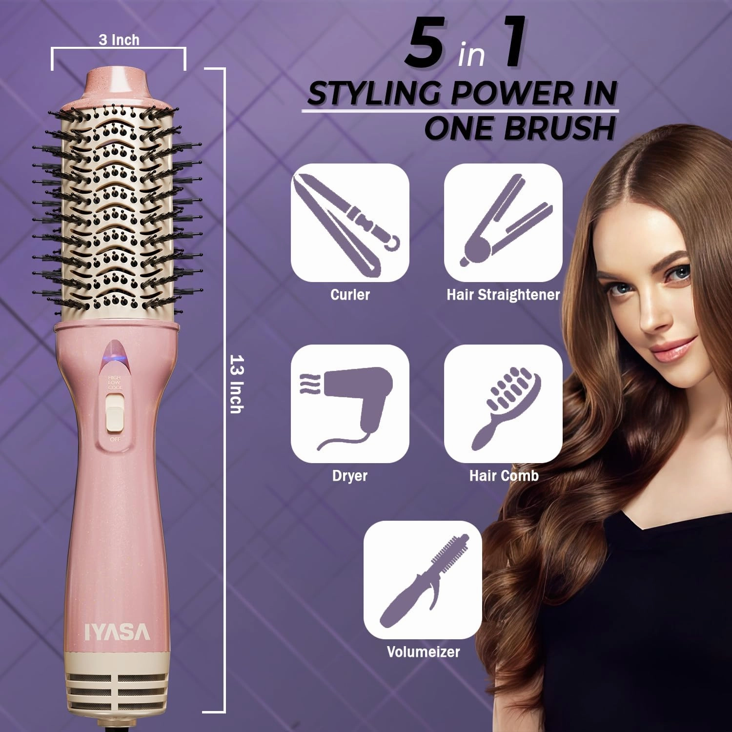 Premium 4-in-1 Oval Blow Dryer Brush, One-Step Hot Air Brush for Smooth, Hair Dryer & Volumizer, Salon Quality, Ionic Blow Dryer Styler & Straightener, Anti-Frizz, Large 3" Barrel, 13" Long