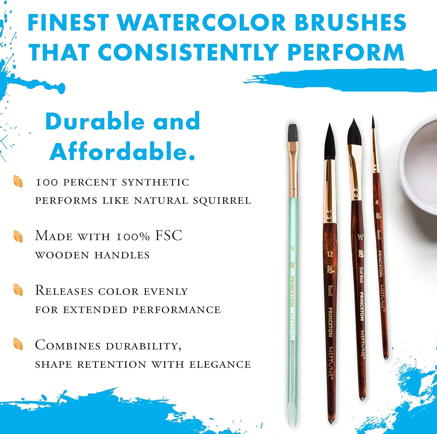 Princeton Artist Brush, Neptune Series 4750, Synthetic Squirrel Watercolor Paint Brush, Quill, Size 8