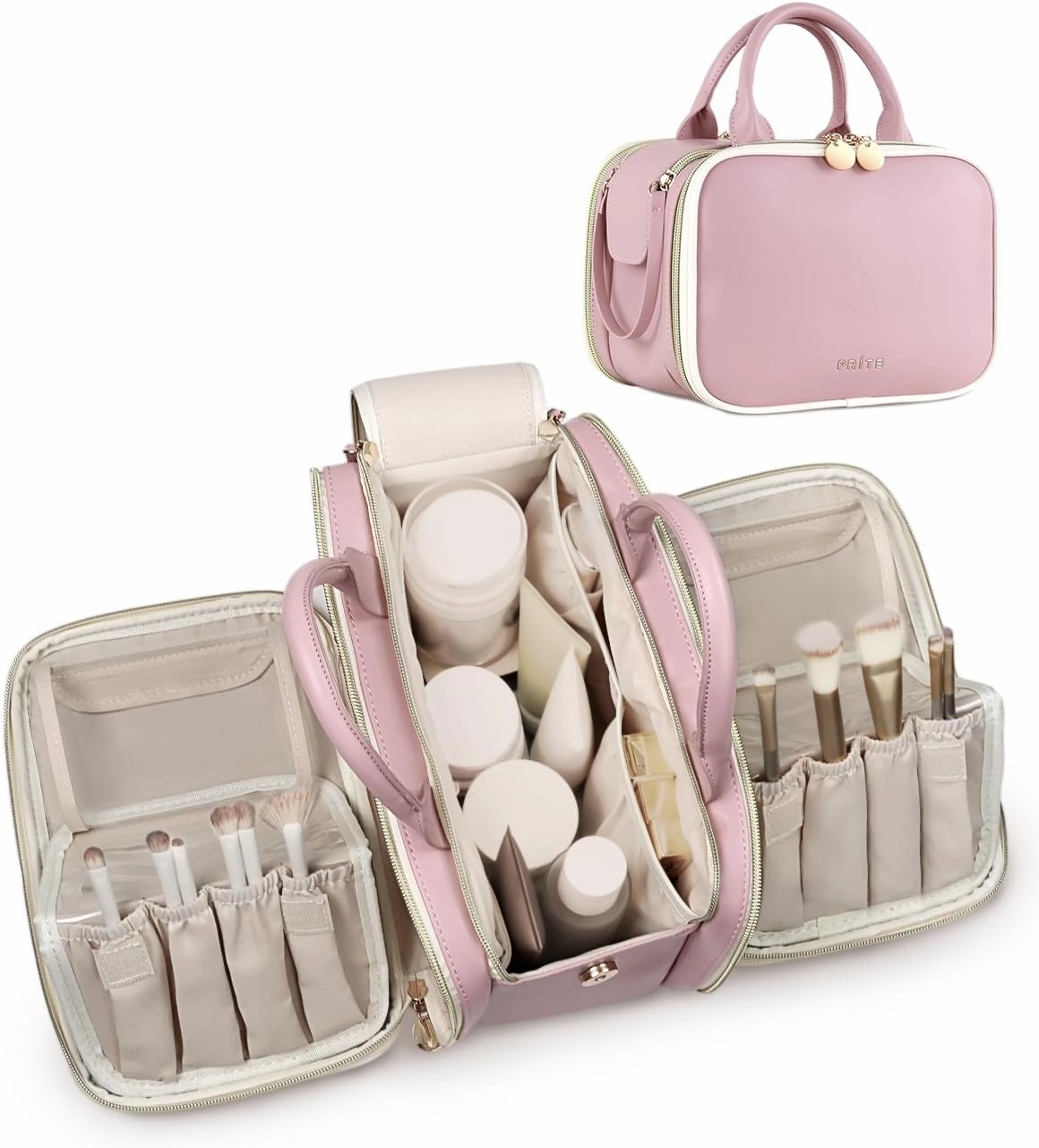 Prite Makeup Bag for Women, Large Capacity Waterproof Travel Cosmetic Organizer, Portable Open Flat Toiletry Bag with Free-standing Brush Holder and Handle(Pink Large)
