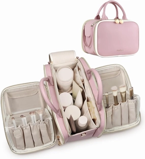 Prite Makeup Bag for Women, Large Capacity Waterproof Travel Cosmetic Organizer, Portable Open Flat Toiletry Bag with Free-standing Brush Holder and Handle(Pink Large)