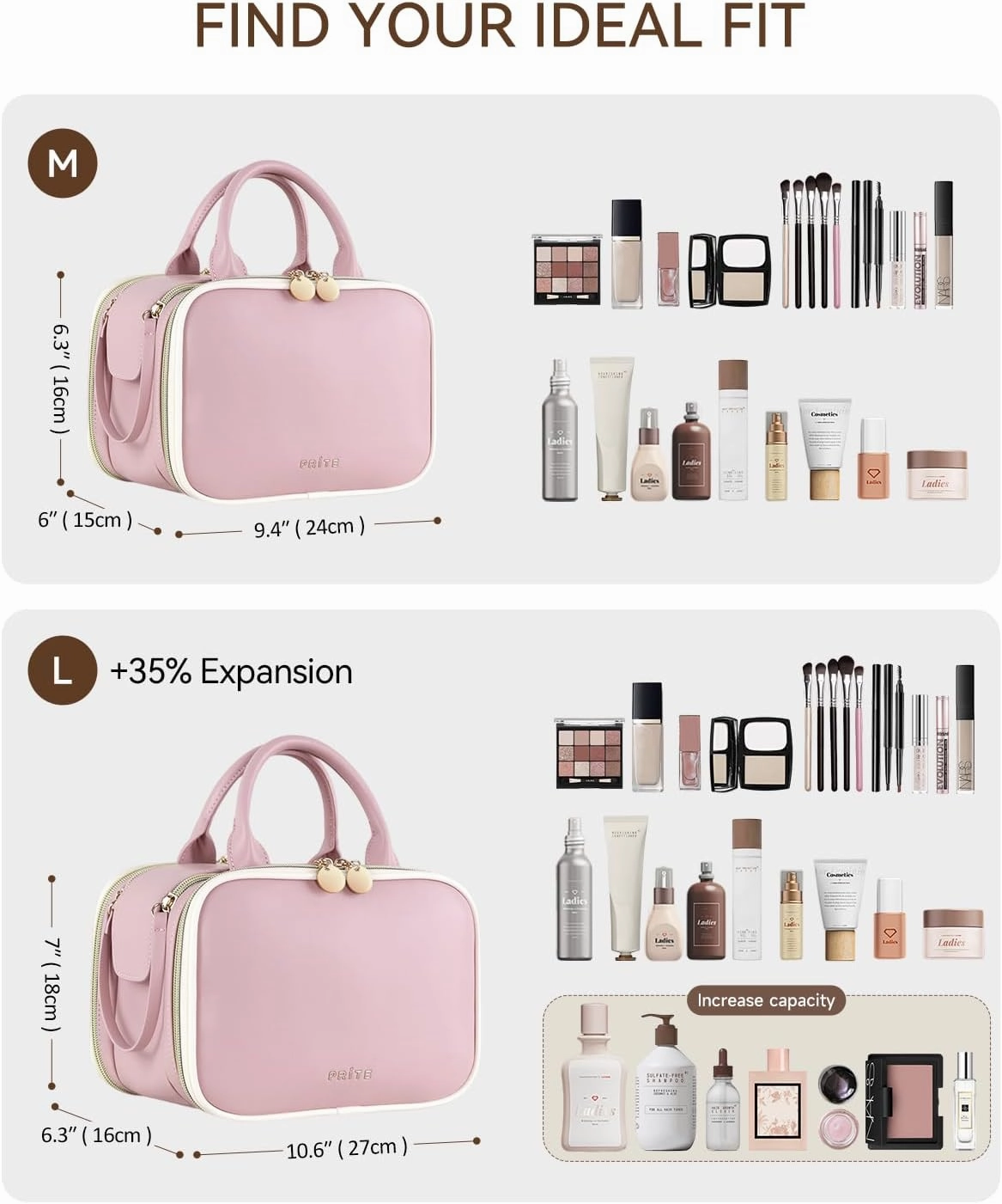 Prite Makeup Bag for Women, Large Capacity Waterproof Travel Cosmetic Organizer, Portable Open Flat Toiletry Bag with Free-standing Brush Holder and Handle(Pink Large)