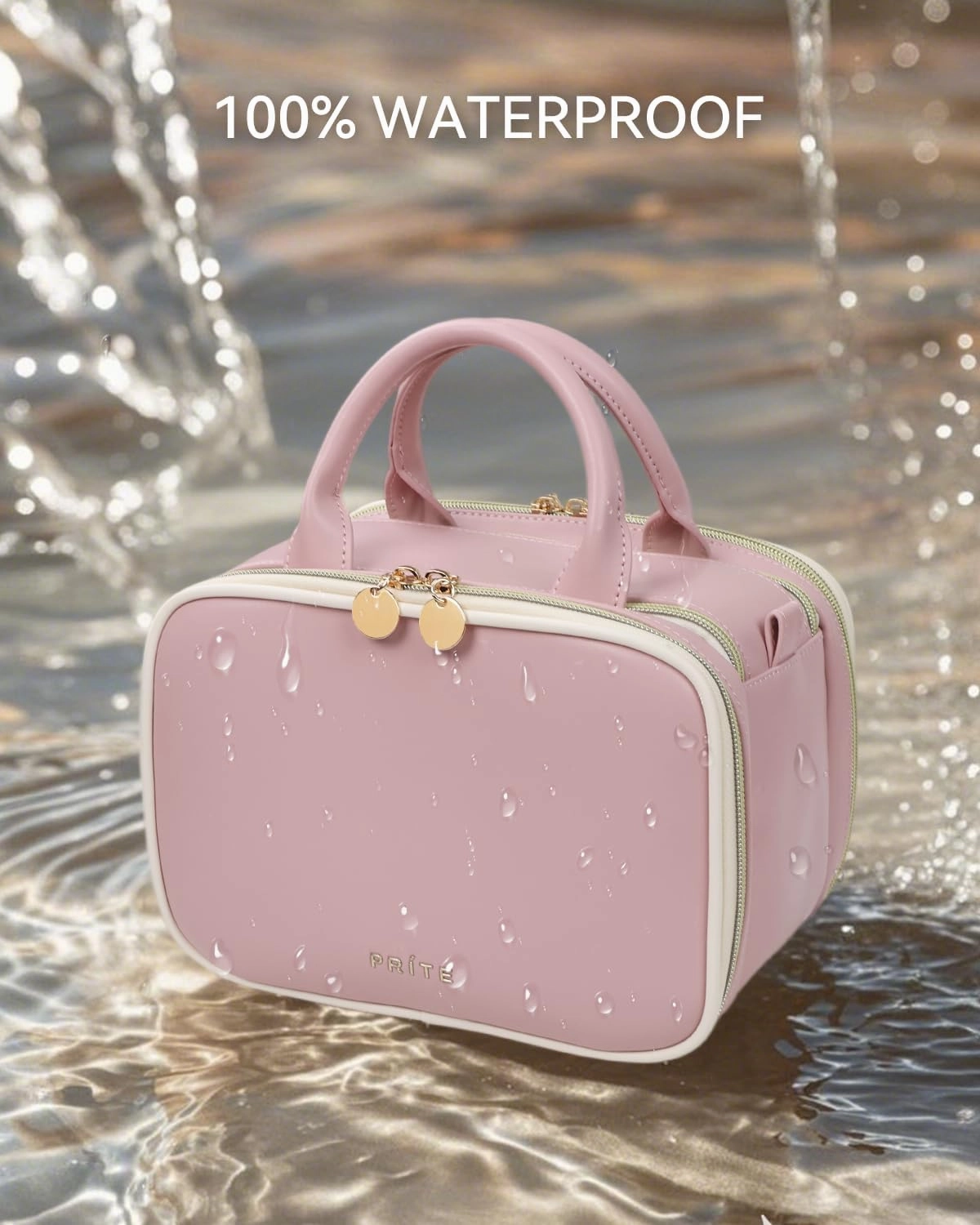 Prite Makeup Bag for Women, Large Capacity Waterproof Travel Cosmetic Organizer, Portable Open Flat Toiletry Bag with Free-standing Brush Holder and Handle(Pink Large)