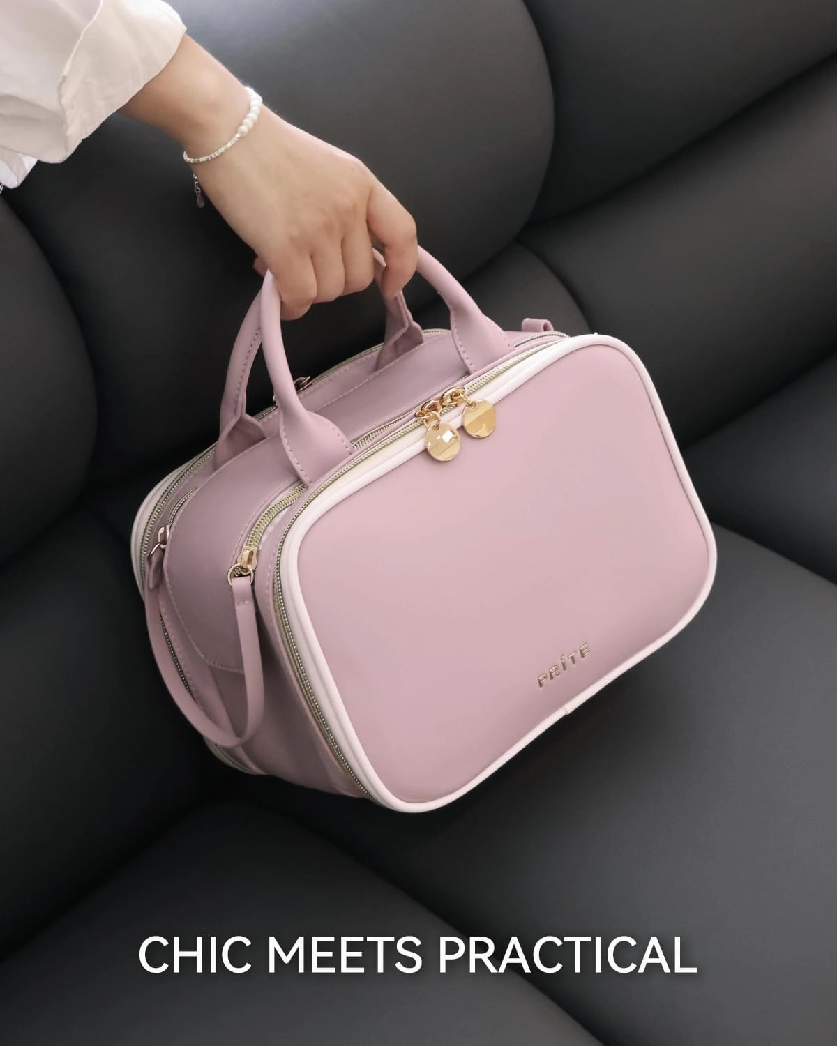 Prite Makeup Bag for Women, Large Capacity Waterproof Travel Cosmetic Organizer, Portable Open Flat Toiletry Bag with Free-standing Brush Holder and Handle(Pink Large)