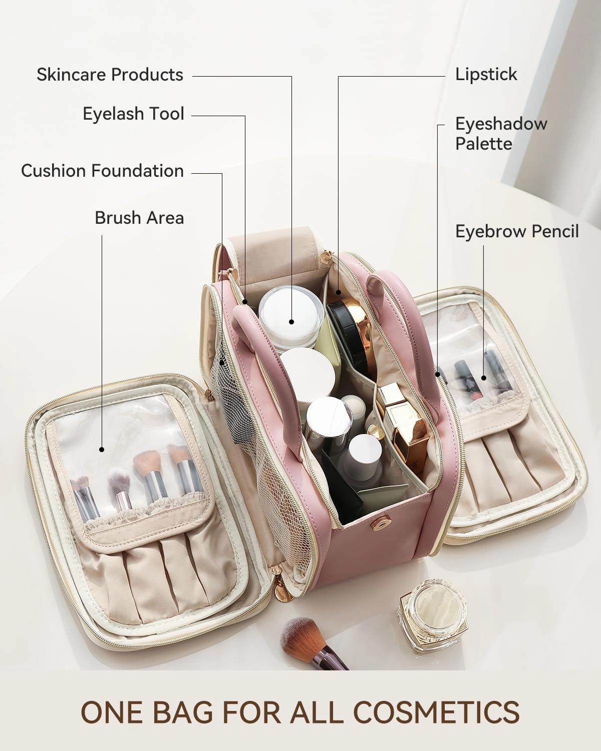 Prite Makeup Bag for Women, Large Capacity Waterproof Travel Cosmetic Organizer, Portable Open Flat Toiletry Bag with Free-standing Brush Holder and Handle(Pink Large)