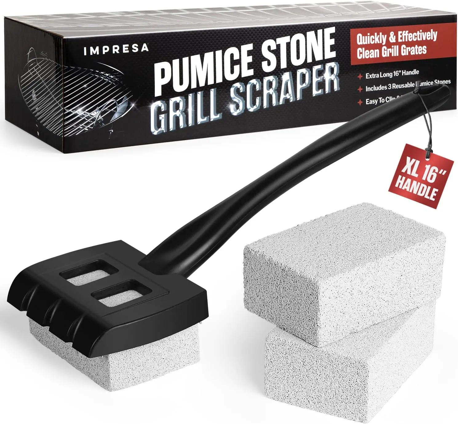 Pumice Grill Cleaning Stone Scraper with XL Handle & 3 Bricks – Heavy Duty Cleaning Block Set for Flattop or Grated Grills