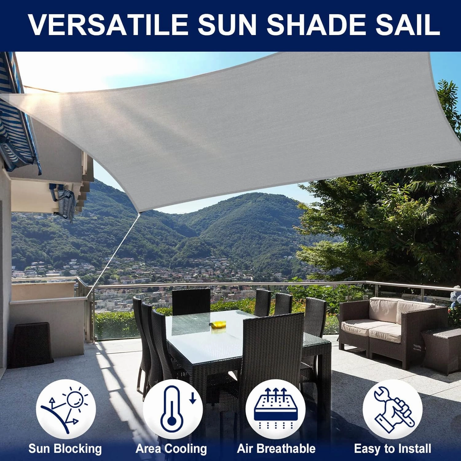 PureFit Rectangle Sun Shade Sails Outdoor 8 x 12 ft - Sun Protection Sunshades UV Block Shade Canopy, Patio Shades for Backyard, Deck and Lawn, Grey