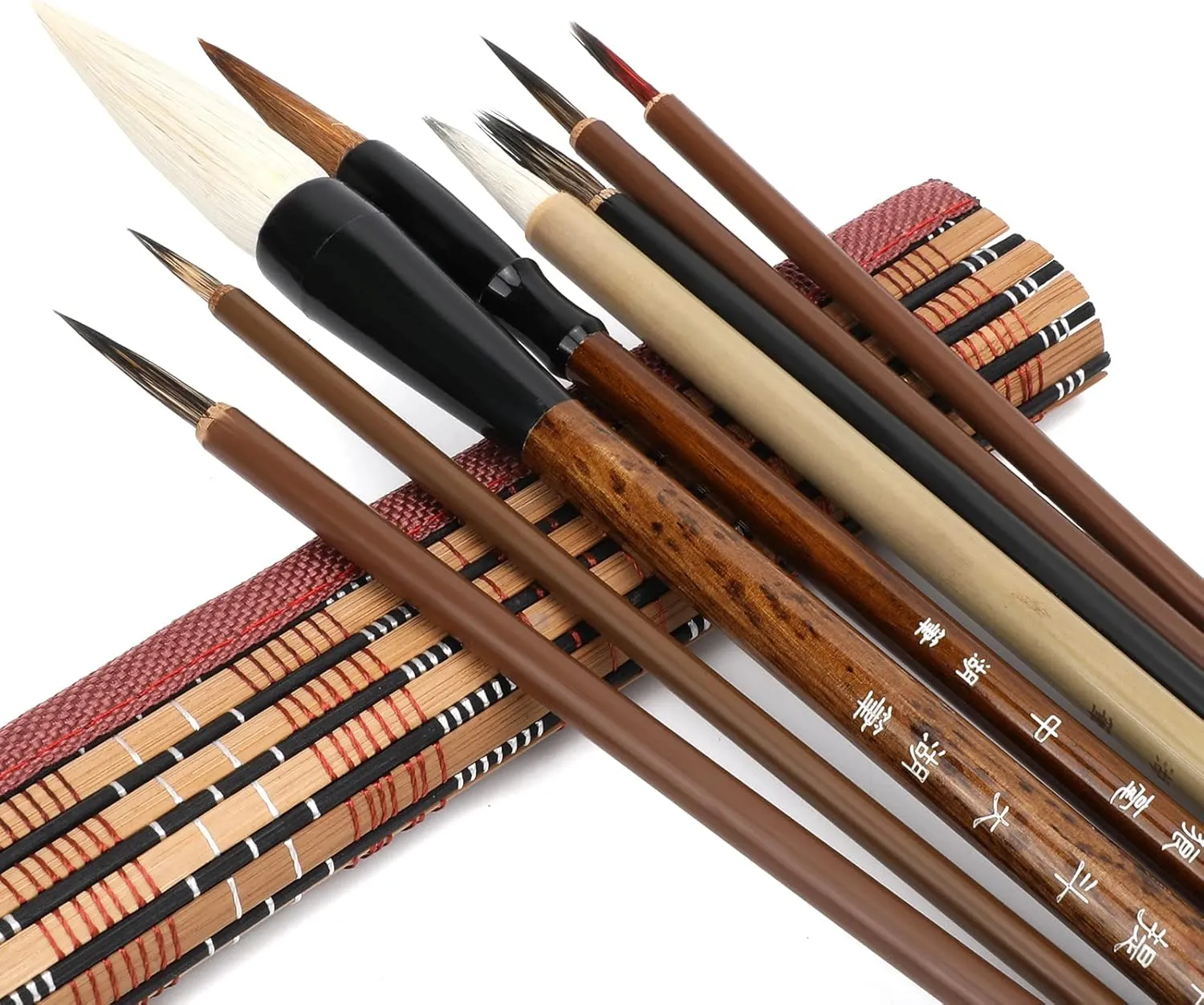 Pwsap 8Pcs Chinese Calligraphy Kanji Brushes, Writing Brushes Japanese Sumi Drawing Brush Art Painting Brushes with Brush Bag for Oil, Watercolour, Nail Painting, Ink Wash Painting, Calligraphy