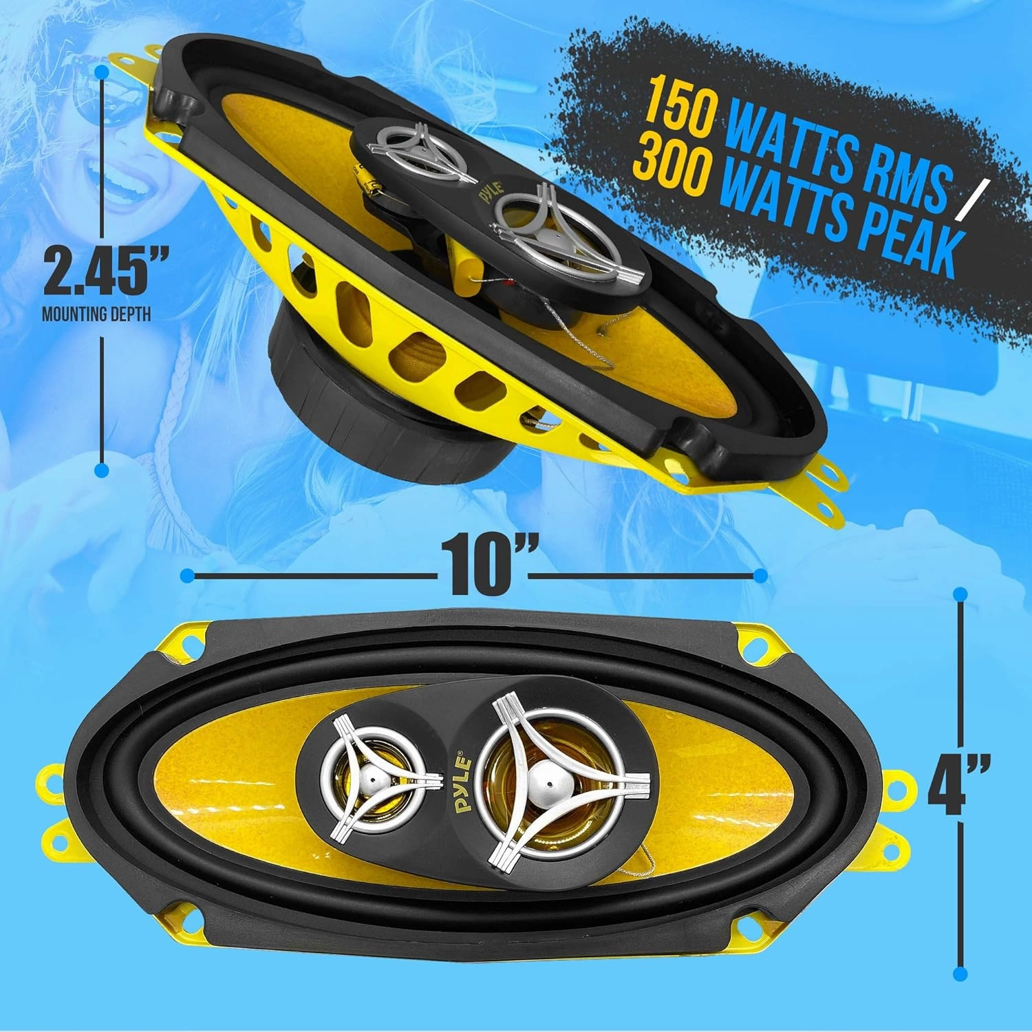 Pyle Car Three Way Speaker System - Pro 4x10 Inch 300 Watt 4 Ohm Mid Tweeter Component Audio Sound Speakers for Car Stereo w/ 45 Oz Magnet, 2.45” Mount Depth Fits Standard OEM - Pyle PLG41.3 (Pair)