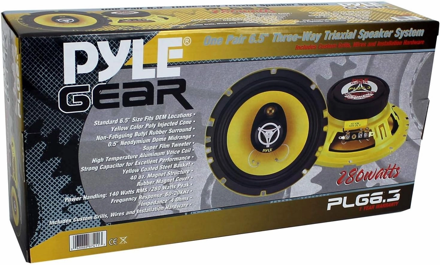 Pyle Car Three Way Speaker System - Pro 6.5 Inch 280 Watt 4 Ohm Mid Tweeter Component Audio Sound Speakers For Car Stereo w/ 40 Oz Magnet, 2.25” Mount Depth Fits Standard OEM - Pyle PLG6.3 (Pair),Yellow/Black