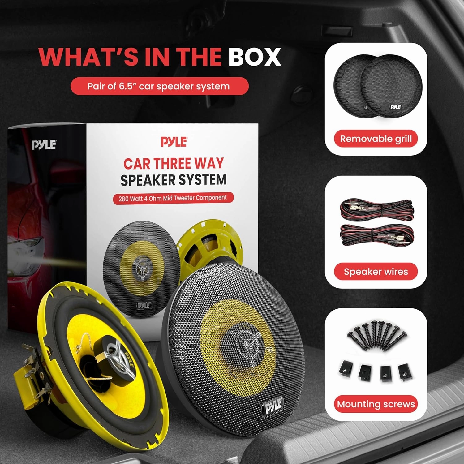 Pyle Car Three Way Speaker System - Pro 6.5 Inch 280 Watt 4 Ohm Mid Tweeter Component Audio Sound Speakers For Car Stereo w/ 40 Oz Magnet, 2.25” Mount Depth Fits Standard OEM - Pyle PLG6.3 (Pair),Yellow/Black