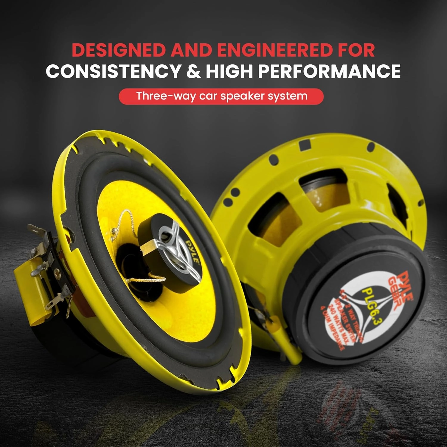 Pyle Car Three Way Speaker System - Pro 6.5 Inch 280 Watt 4 Ohm Mid Tweeter Component Audio Sound Speakers For Car Stereo w/ 40 Oz Magnet, 2.25” Mount Depth Fits Standard OEM - Pyle PLG6.3 (Pair),Yellow/Black