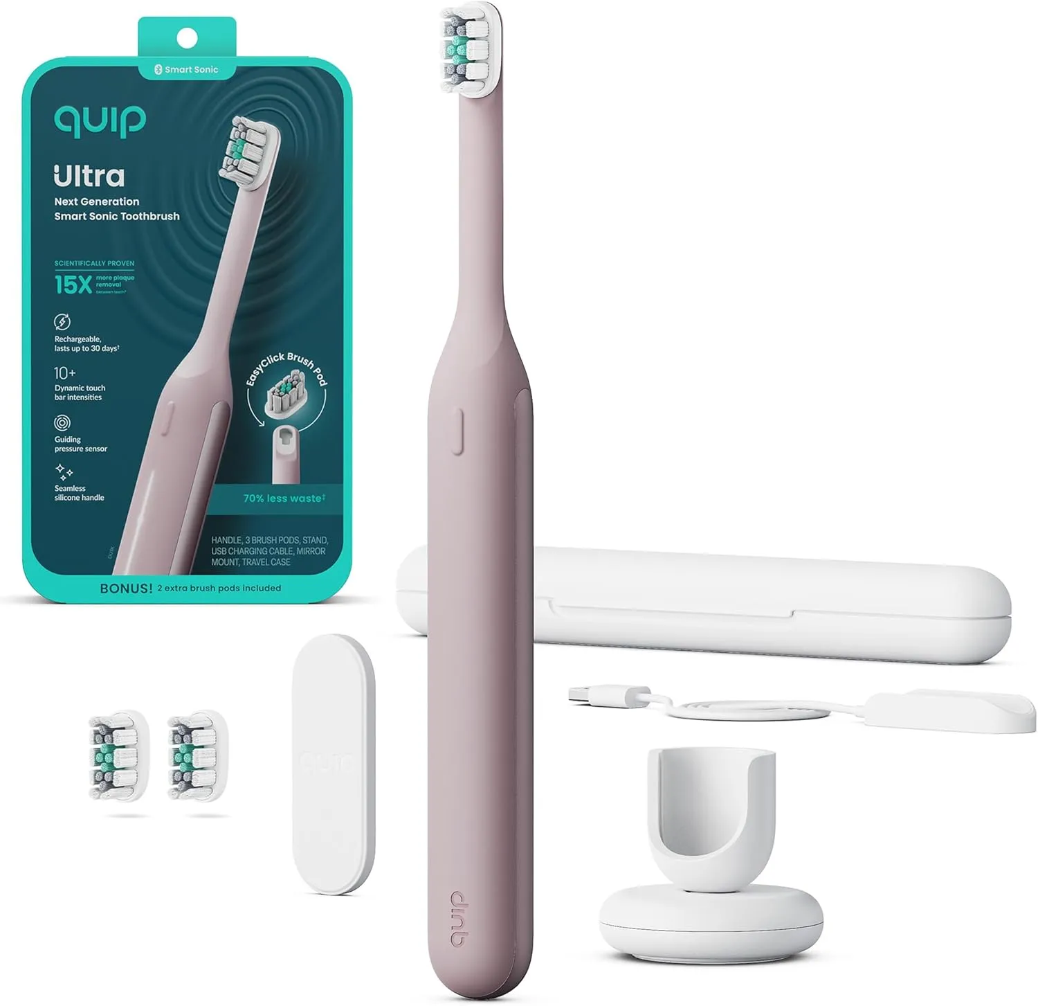 Quip Ultra Next Generation Smart Toothbrush - Timed Electric Toothbrush with Case - Replaceable Brush Head, Soft Bristles, Silicone Handle, 30-Day Battery Life - Travel Toothbrush - Dusk