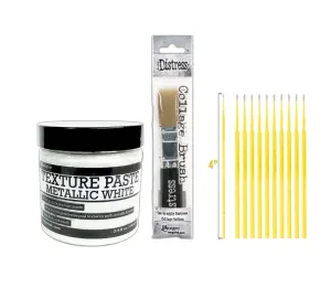 Ranger Texture Paste Bundle - Metallic White Texture Paste with Distress Collage Brush - with Trebbies Detail Sticks