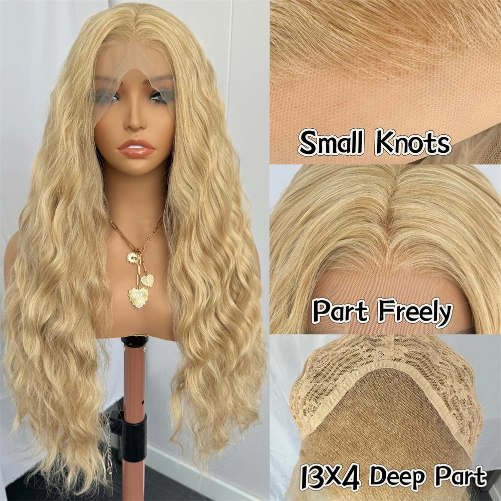 RDY Ash Blonde Long Body Wave Lace Front Synthetic Wig 24inch Mix Blonde Loose Wavy Lace Front Wigs for Women Heat Fiber Hair Half Hand Tied Cosplay Daily Use Wig