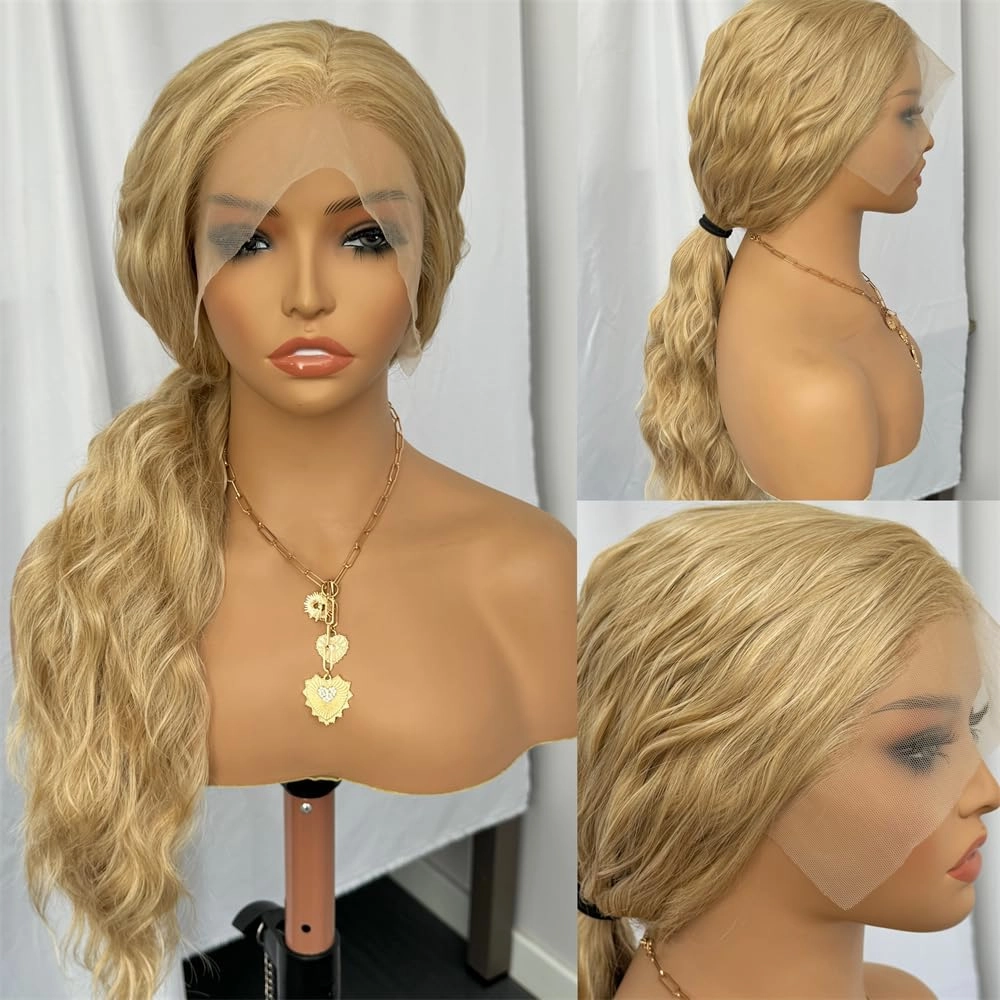 RDY Ash Blonde Long Body Wave Lace Front Synthetic Wig 24inch Mix Blonde Loose Wavy Lace Front Wigs for Women Heat Fiber Hair Half Hand Tied Cosplay Daily Use Wig