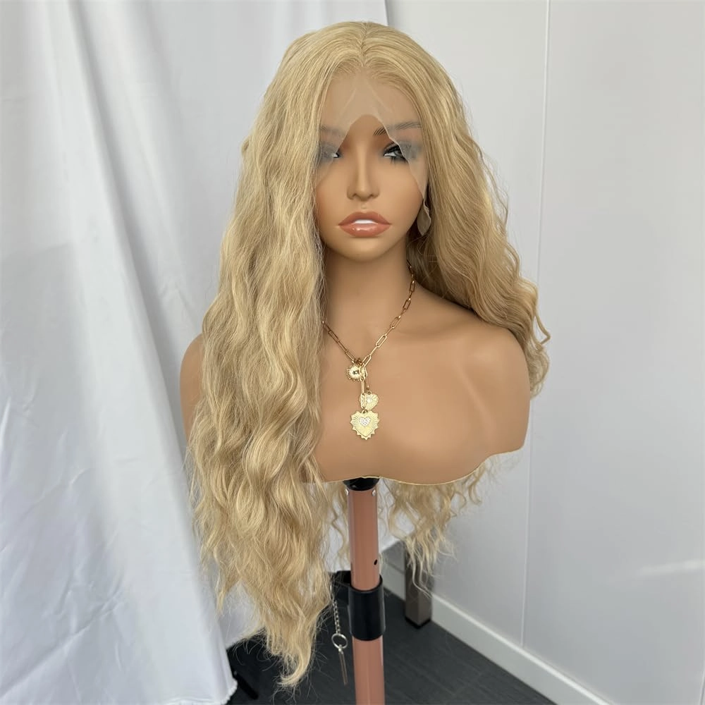 RDY Ash Blonde Long Body Wave Lace Front Synthetic Wig 24inch Mix Blonde Loose Wavy Lace Front Wigs for Women Heat Fiber Hair Half Hand Tied Cosplay Daily Use Wig