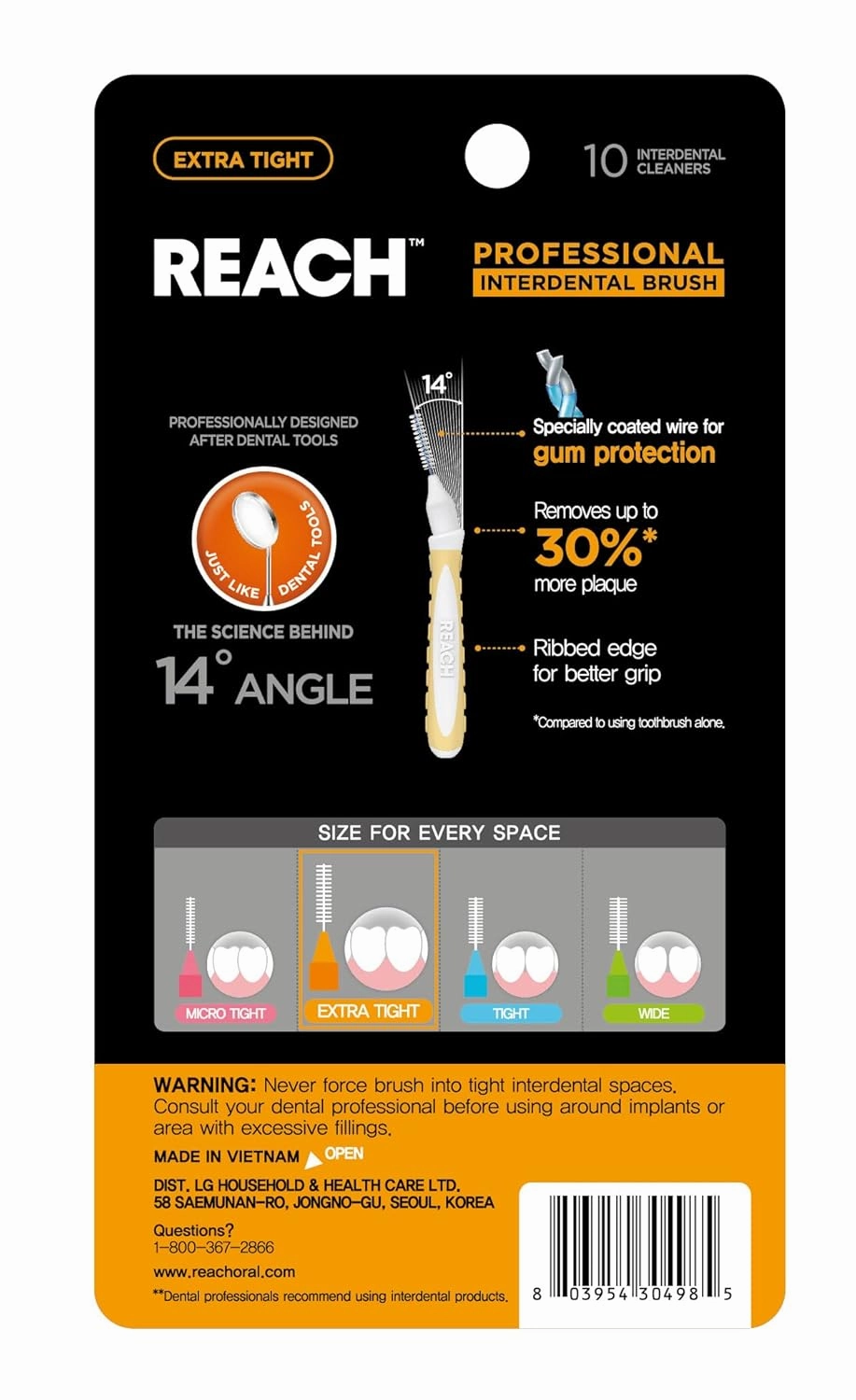Reach Interdental Brush Cleaners, 0.7mm, Extra Tight, Sensitive Gum Protection, Plaque Remover for Teeth, Braces Flossers, Braces Brush, Dental Toothbrushes, Oral Care, 6 Pack, 10 Count