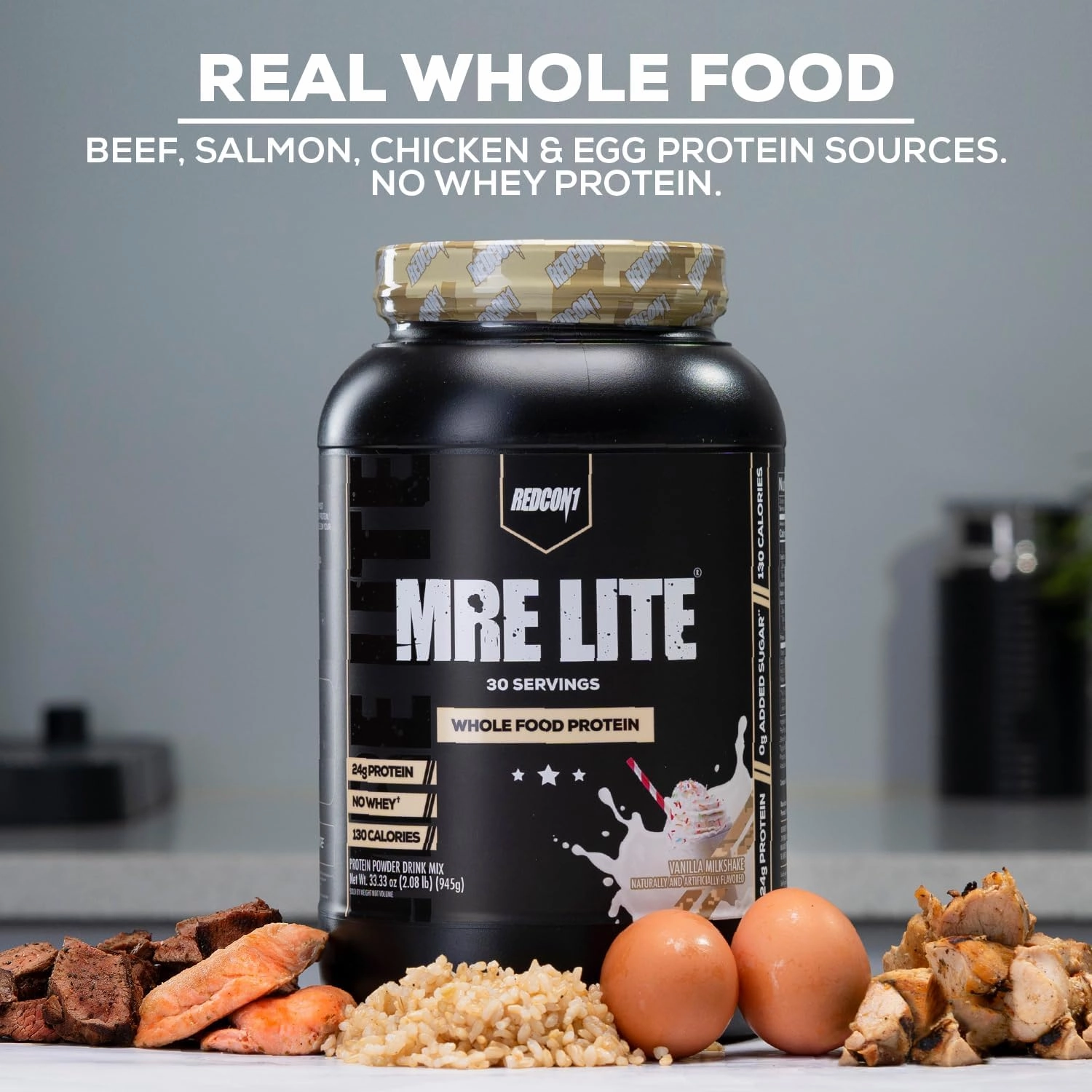 REDCON1 MRE Lite Whole Food Protein Powder, Vanilla Milkshake - Low Carb & Whey Free Meal Replacement with Animal Protein Blends - Easy to Digest Supplement Made with MCT Oils (30 Servings)