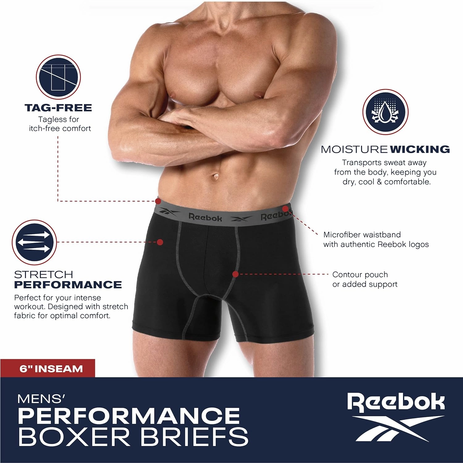 Reebok Men's Boxer Briefs - 8 Pack Performance Stretch Brief Underwear - Quick Dry Moisture Wicking Boxers for Men,Sizes:S-XL
