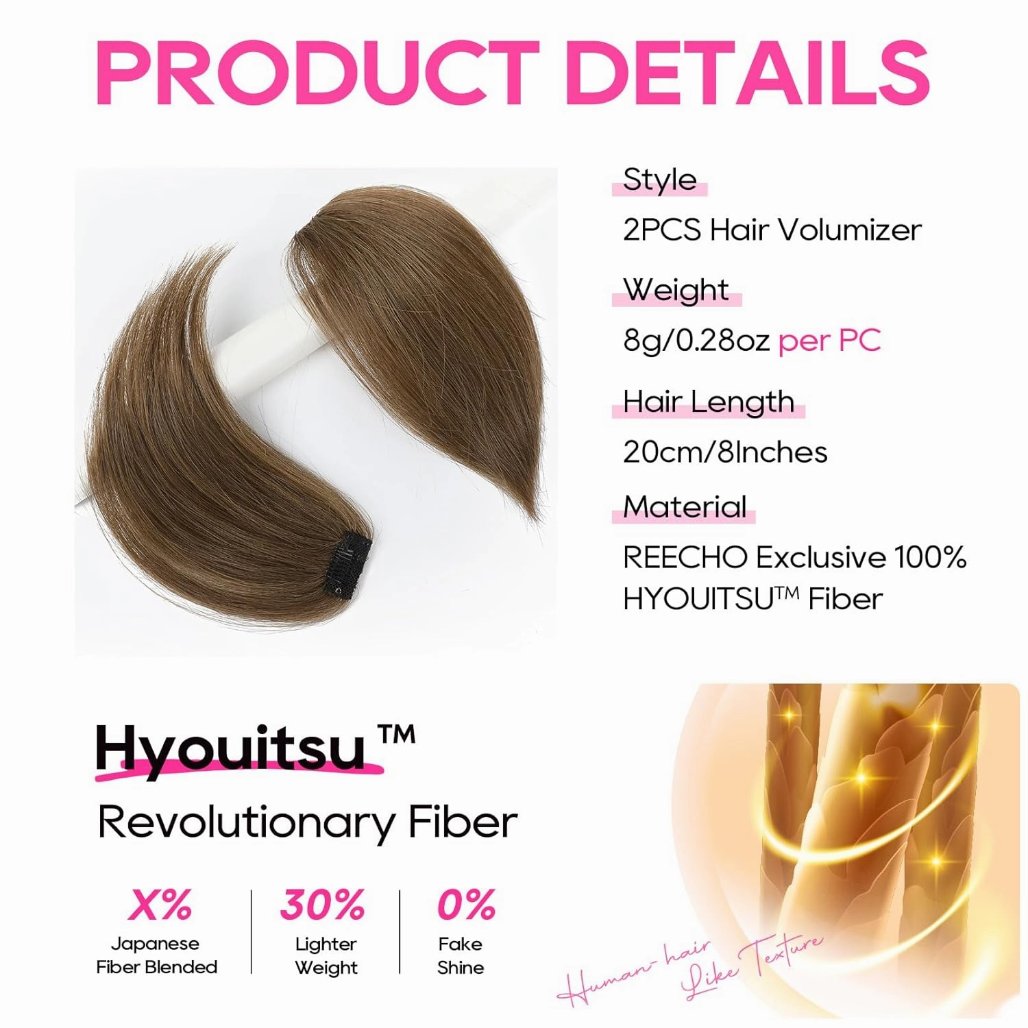REECHO Clip-in Hair Volumizer, 2PCS 8 inch Thick Clip-in Hairpieces Adding Extra Volume for Women with Thin Fine Hair - Light Brown