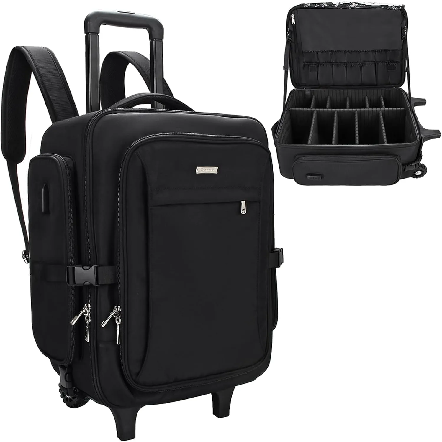 Relavel Rolling Makeup Train Case, Trolley Travel Make Up Case with Adjustable Dividers, Extra Large Makeup Backpack with Wheels, Waterproof Cosmetic Organizer for Makeup Artist, Black