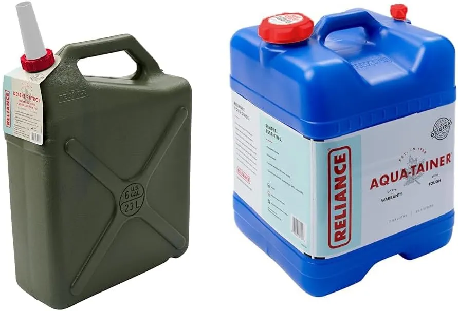 Reliance Products Desert Patrol 6 Gallon Rigid Water Container, Green, 14.8 Inch x 6.3 Inch x 19.0 Inch & Aqua-Tainer 7 Gallon Rigid Water Container, Blue, 11.3 Inch x 11.0 Inch x 15.3 Inch