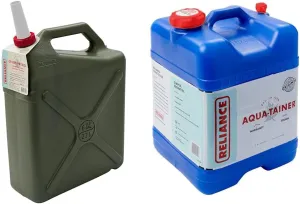 Reliance Products Desert Patrol 6 Gallon Rigid Water Container, Green, 14.8 Inch x 6.3 Inch x 19.0 Inch & Aqua-Tainer 7 Gallon Rigid Water Container, Blue, 11.3 Inch x 11.0 Inch x 15.3 Inch