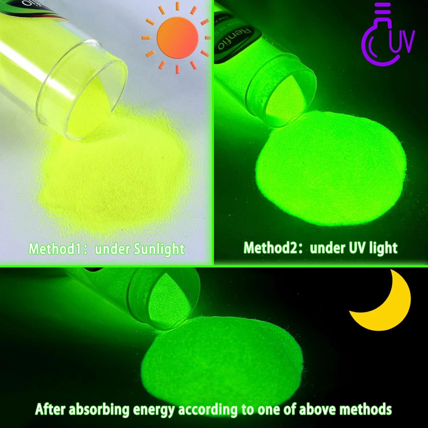 Renfio 12 Colors Glow in The Dark Powder Set, 9.86oz 276g Resin Luminous Pigment Powders Glowing Mica Powder Glow Paint Dyes for Epoxy Resin Supplies, Acrylic Paint, Nail Art, DIY Crafts, Slime