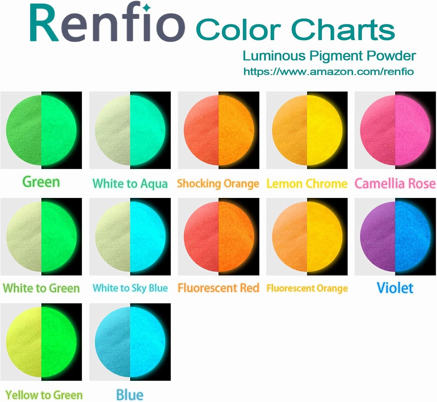 Renfio 12 Colors Glow in The Dark Powder Set, 9.86oz 276g Resin Luminous Pigment Powders Glowing Mica Powder Glow Paint Dyes for Epoxy Resin Supplies, Acrylic Paint, Nail Art, DIY Crafts, Slime