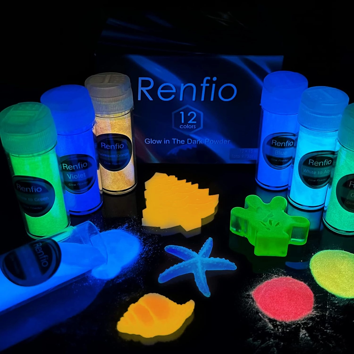Renfio 12 Colors Glow in The Dark Powder Set, 9.86oz 276g Resin Luminous Pigment Powders Glowing Mica Powder Glow Paint Dyes for Epoxy Resin Supplies, Acrylic Paint, Nail Art, DIY Crafts, Slime