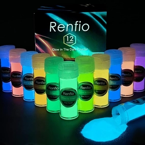 Renfio 12 Colors Glow in The Dark Powder Set, 9.86oz 276g Resin Luminous Pigment Powders Glowing Mica Powder Glow Paint Dyes for Epoxy Resin Supplies, Acrylic Paint, Nail Art, DIY Crafts, Slime