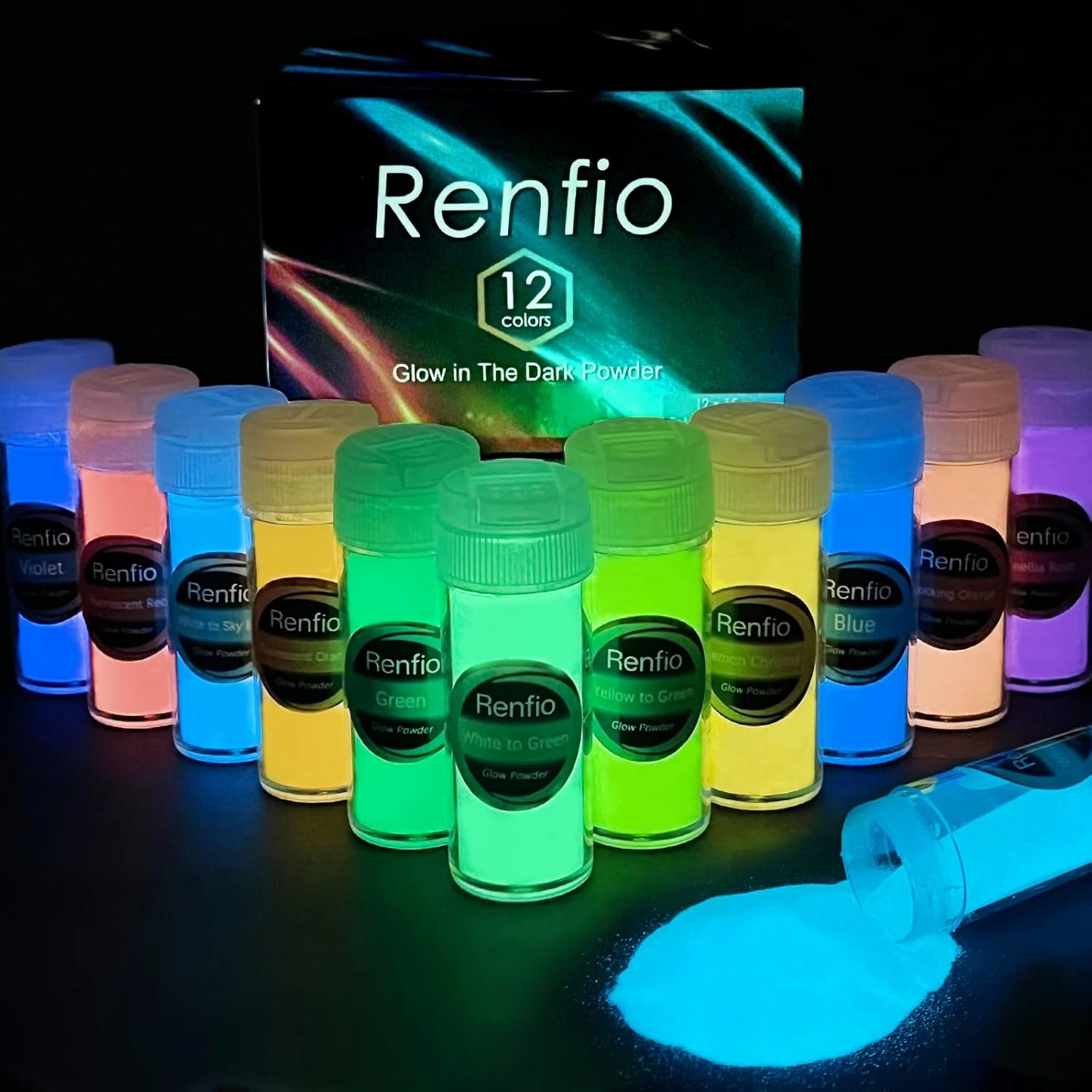 Renfio 12 Colors Glow in The Dark Powder Set, 9.86oz 276g Resin Luminous Pigment Powders Glowing Mica Powder Glow Paint Dyes for Epoxy Resin Supplies, Acrylic Paint, Nail Art, DIY Crafts, Slime