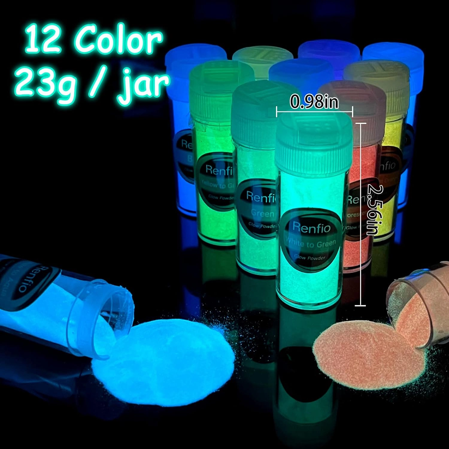 Renfio 12 Colors Glow in The Dark Powder Set, 9.86oz 276g Resin Luminous Pigment Powders Glowing Mica Powder Glow Paint Dyes for Epoxy Resin Supplies, Acrylic Paint, Nail Art, DIY Crafts, Slime
