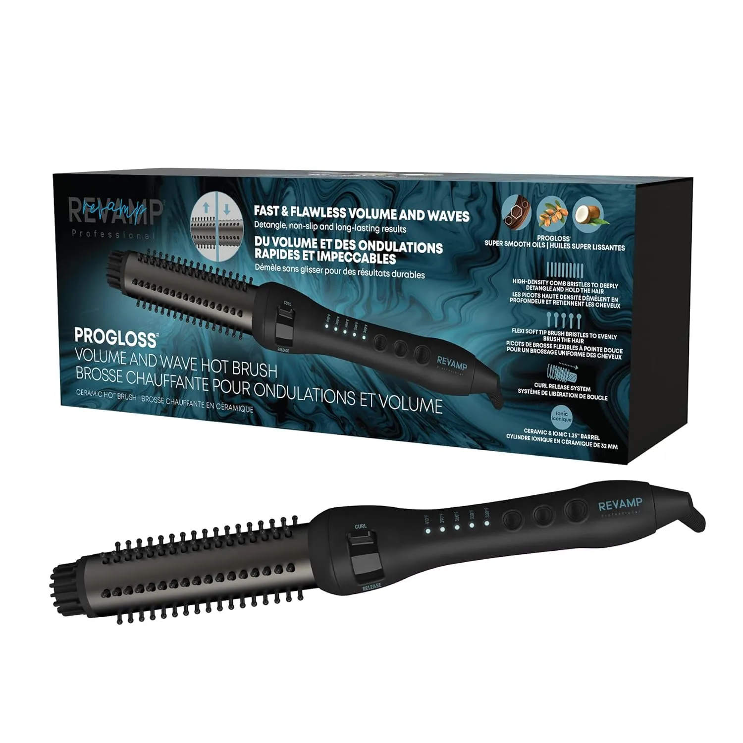 Revamp Progloss Volume & Wave Ceramic Heated Brush – Curling Iron Brush with Retractable 1.25” Bristles, Ceramic Barrel Infused with Progloss Oils for Frizz-Free Shine – Auto-Off & 9’ Swivel Cord