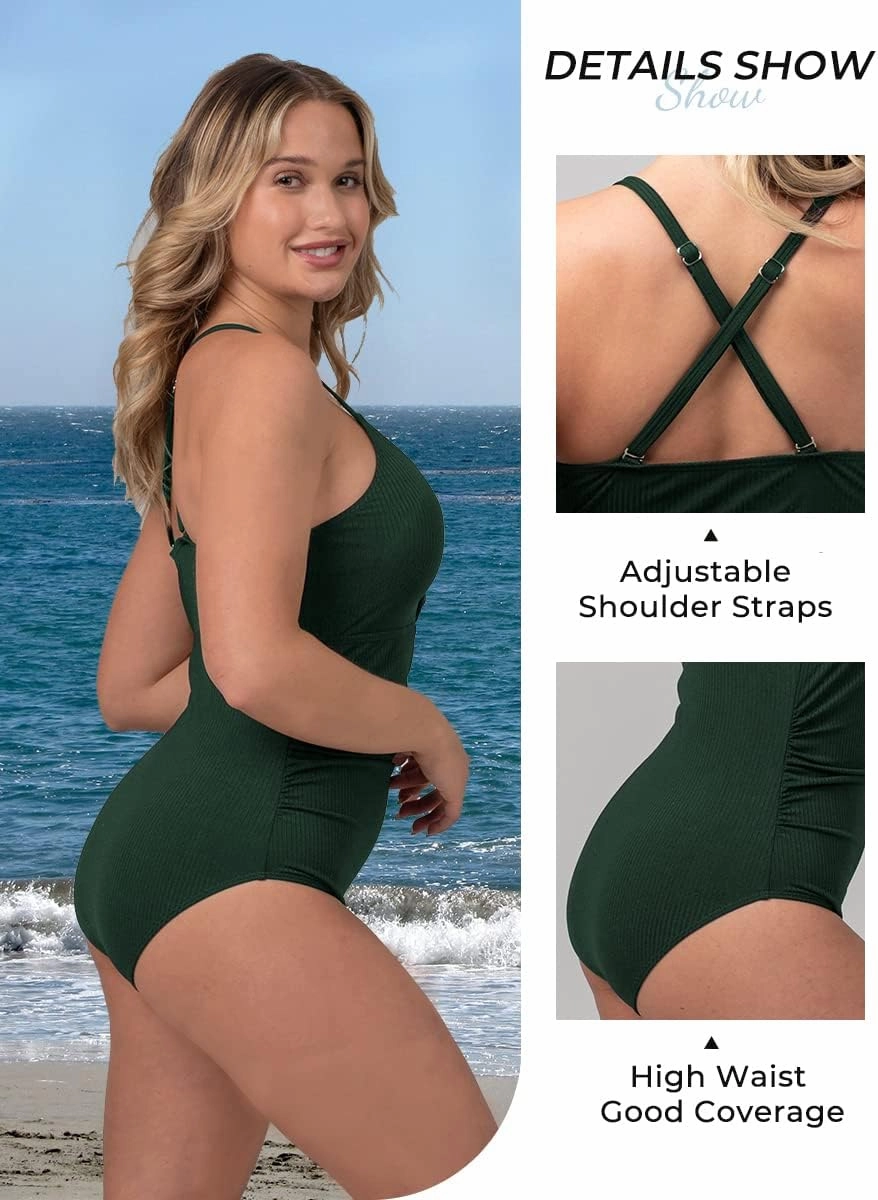 Ribbed One Piece Swimsuits for Women Button up Swimwear Tummy Control Retro Bathing Suits