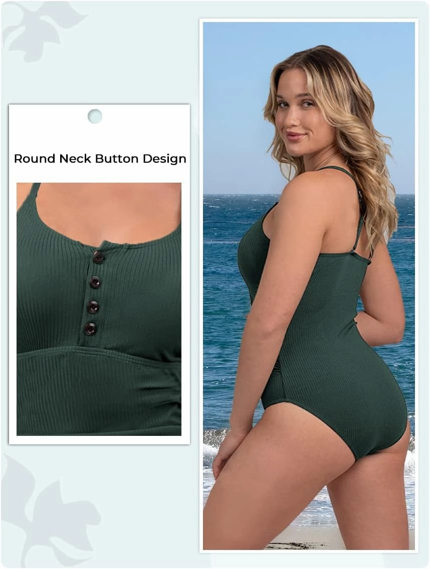 Ribbed One Piece Swimsuits for Women Button up Swimwear Tummy Control Retro Bathing Suits