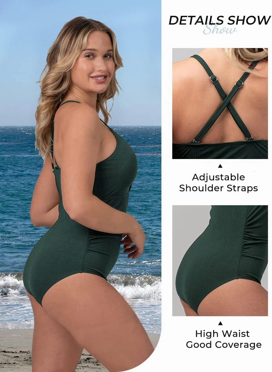 Ribbed One Piece Swimsuits for Women Button up Swimwear Tummy Control Retro Bathing Suits
